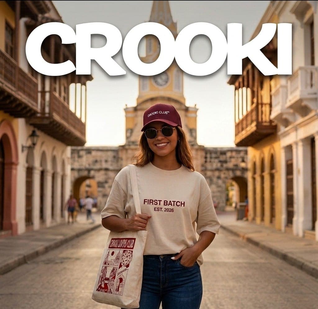 Chica con la gorra Crooki Club, la camiseta First Batch y el tote bag Crooki Lovers Club frente a la Torre del Reloj en Cartagena