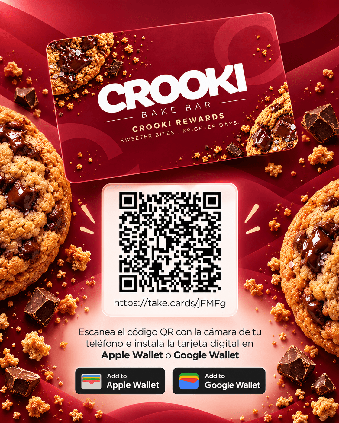 Tarjeta Crooki Rewards con código QR para agregarla a Apple Wallet o Google Wallet